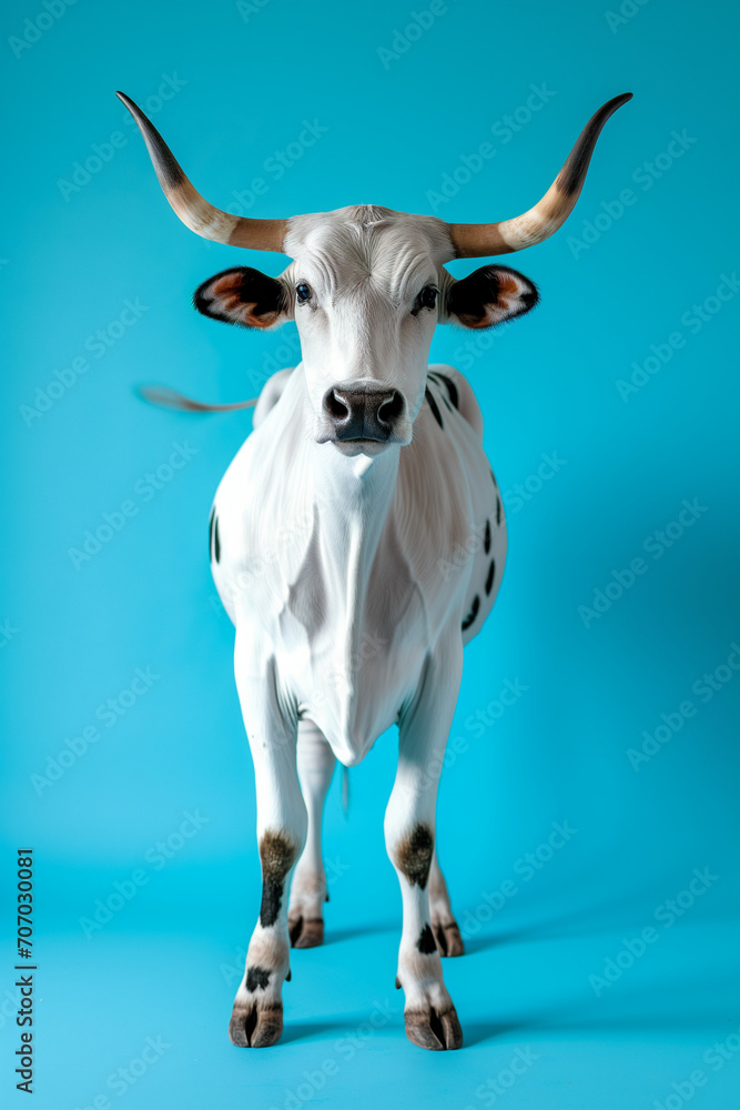 Ultra realistic and detailed Brown cow on sky blue background