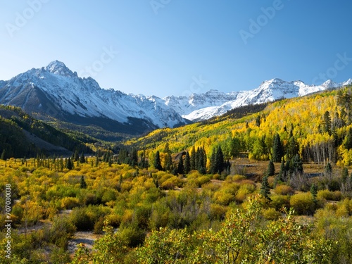 Scenic view of vibrant autumn trees on hills © Wirestock