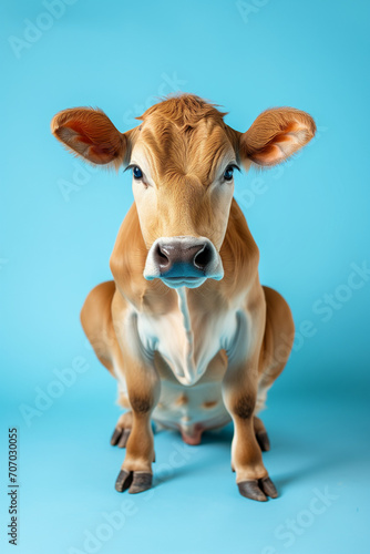 Ultra realistic and detailed Brown cow on sky blue background photo