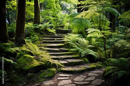 Ferns in a Japanese garden with a stone pathway.