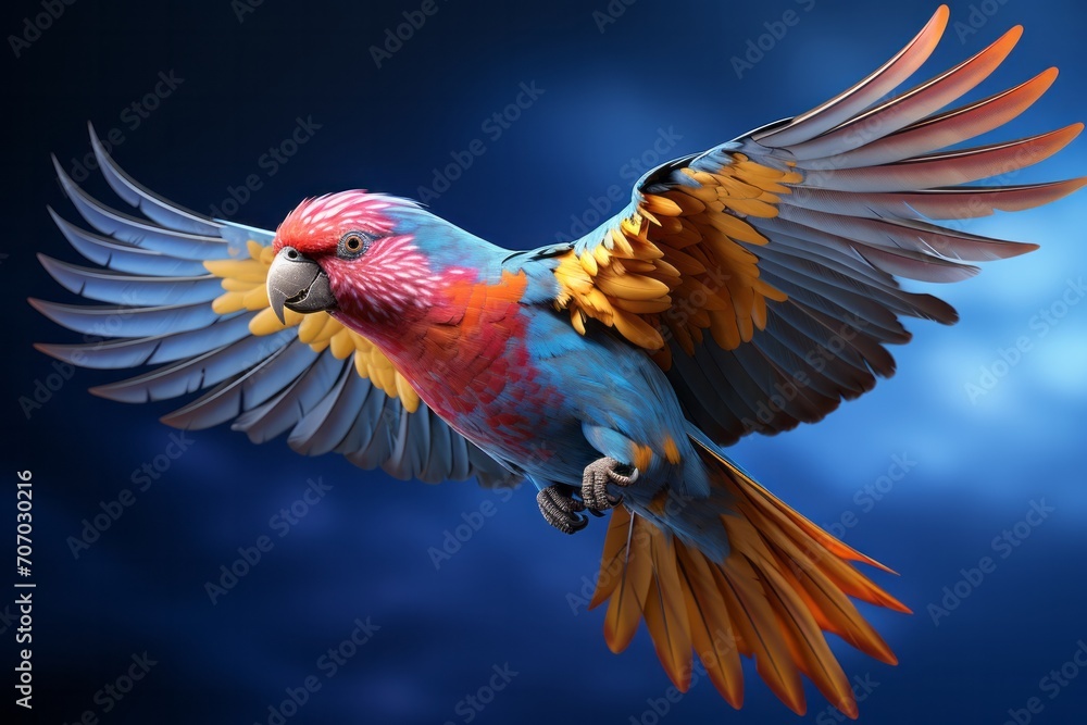 
3D Render of an Exotic Rainbow Lorikeet, on an isolated Royal Blue background, Generative AI