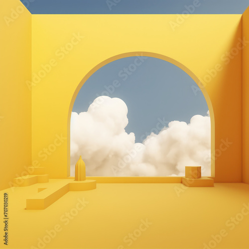 Immerse yourself in a Yellow 3D tunnel art picture Abstract minimalism at its finest, with a remarkable 3D render set against a striking yellow background, and pristine white clouds. ai generative