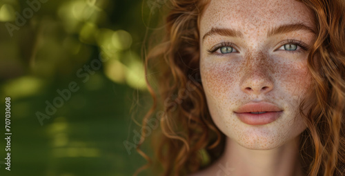  close up of young caucasian woman in nature with freckles and pale skin blue eyes in magazine editorial look with leafs herbal greenery looking at camera for natural beauty skincare spa commercial