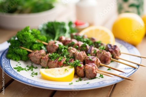lamb kebabs on a bed of parsley with lemon slices