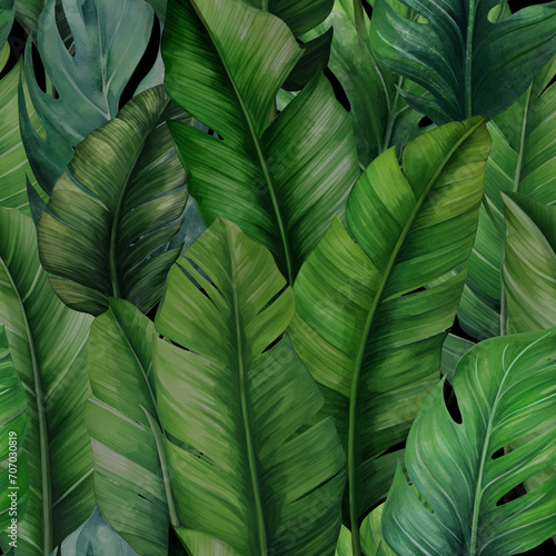 Dark Green palm leaf. Tropical plants. Watercolor botany. Decor composition of botany, monstera, flowers in the jungle