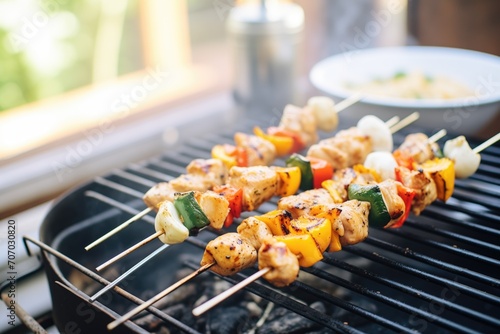 chicken souvlaki skewers on grill with char marks