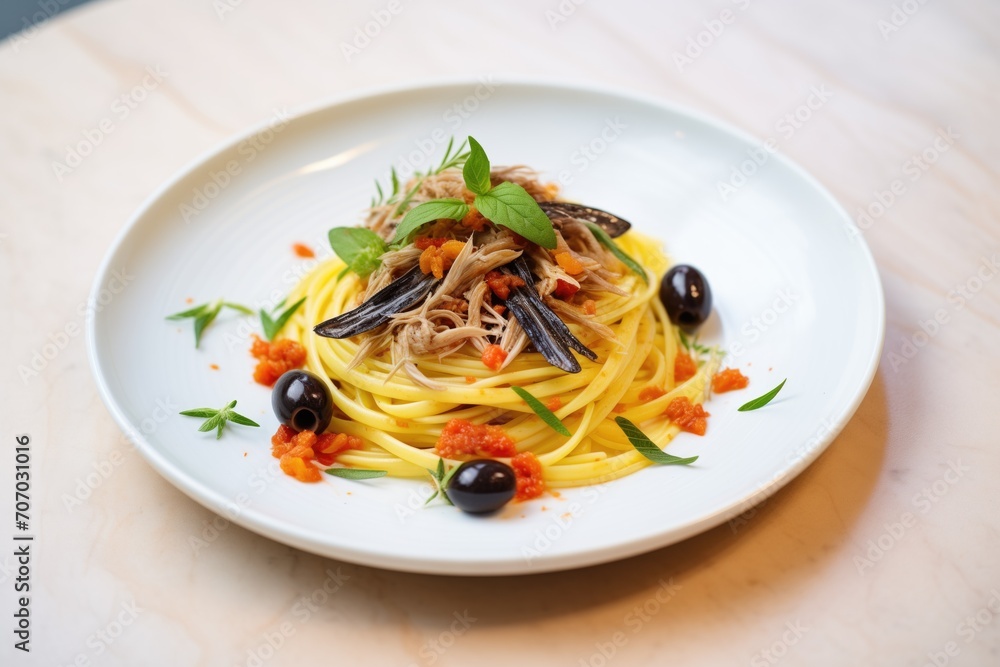 plate of pasta puttanesca with anchovies and olives