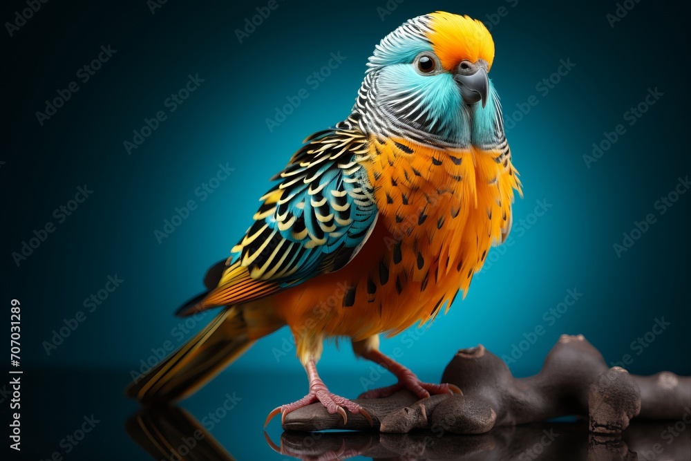 
3D Render of a Teal and Orange Budgie, on an isolated Deep Blue background, Generative AI