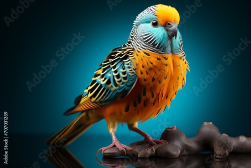  3D Render of a Teal and Orange Budgie, on an isolated Deep Blue background, Generative AI