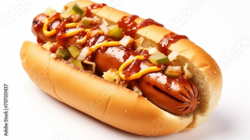 classic hot dog with ketchup, mustard, and diced vegetables, a quick and convenient fast food snack.isolated on white