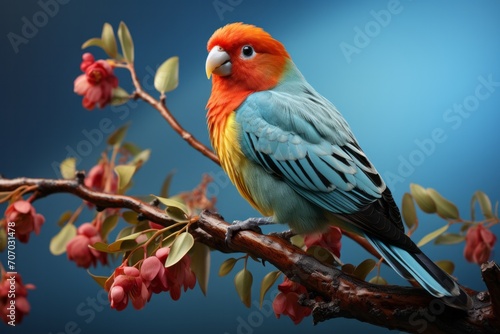 D Render of a Turquoise Fischer's Lovebird, on an isolated Denim Blue background, Generative AI  © Box Milk