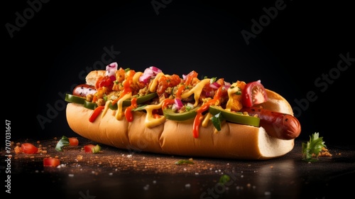 hot dog a popular fast food loaded with colorful toppings and sauces,on black