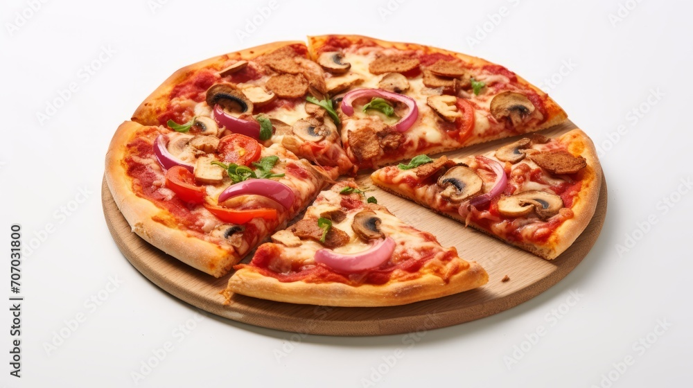 pizza with cheese, pepperoni, mushrooms, and onions on a wooden board.junk food isolated on white