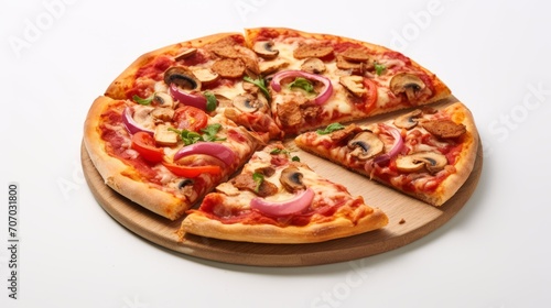 pizza with cheese, pepperoni, mushrooms, and onions on a wooden board.junk food isolated on white