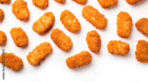 Crispy, golden brown chicken nuggets arange on white background, a popular fast food  high fat,calories photo