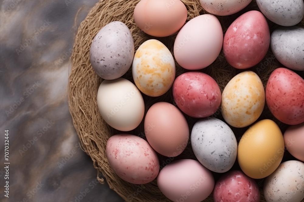 Plate with painted Easter eggs on light background Plate with painted Easter eggs on light background