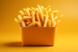 3D Render of a Cardboard French Fries, on an isolated Golden Fry Yellow background, Generative AI