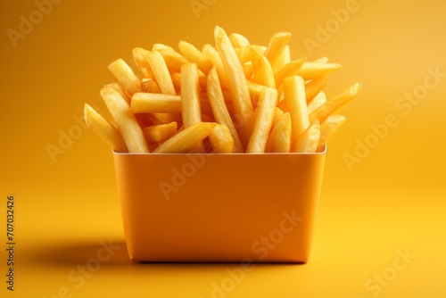 3D Render of a Cardboard French Fries, on an isolated Golden Fry Yellow background, Generative AI