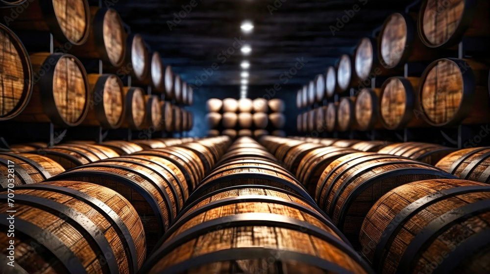 oak wooden wine barrels in an old, dark wine cellar. foreground. Cognac store basement wooden brandy, beer. Wine Vault. a row of stacks of whiskey barrels placed for aging in a warehouse.
