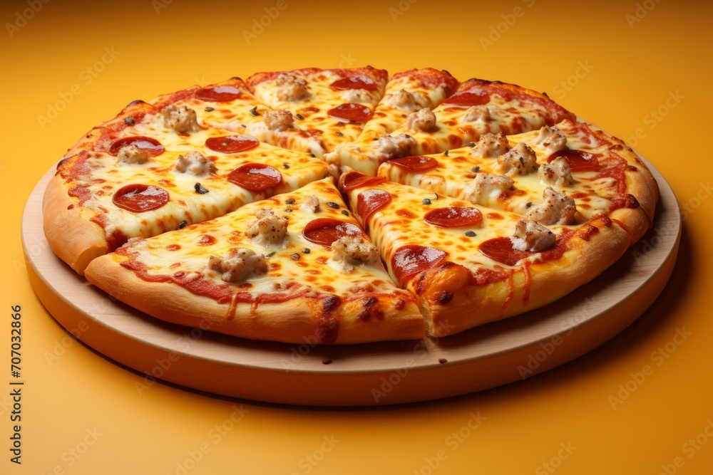 3D Render of a Cardboard Pizza, on an isolated Pizzeria Yellow background, Generative AI