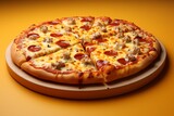 3D Render of a Cardboard Pizza, on an isolated Pizzeria Yellow background, Generative AI