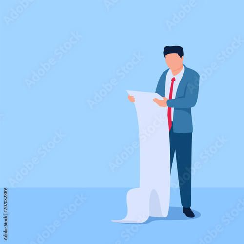 person standing reading a long paper, a metaphor for terms and conditions. Simple flat conceptual illustration.