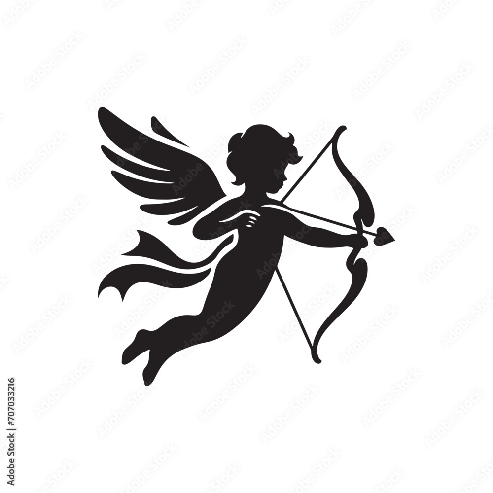 Fototapeta premium Romantic Cupid Serenade Silhouette: Enchanting Valentine's Stock - Cupid Vector - Love Vector 