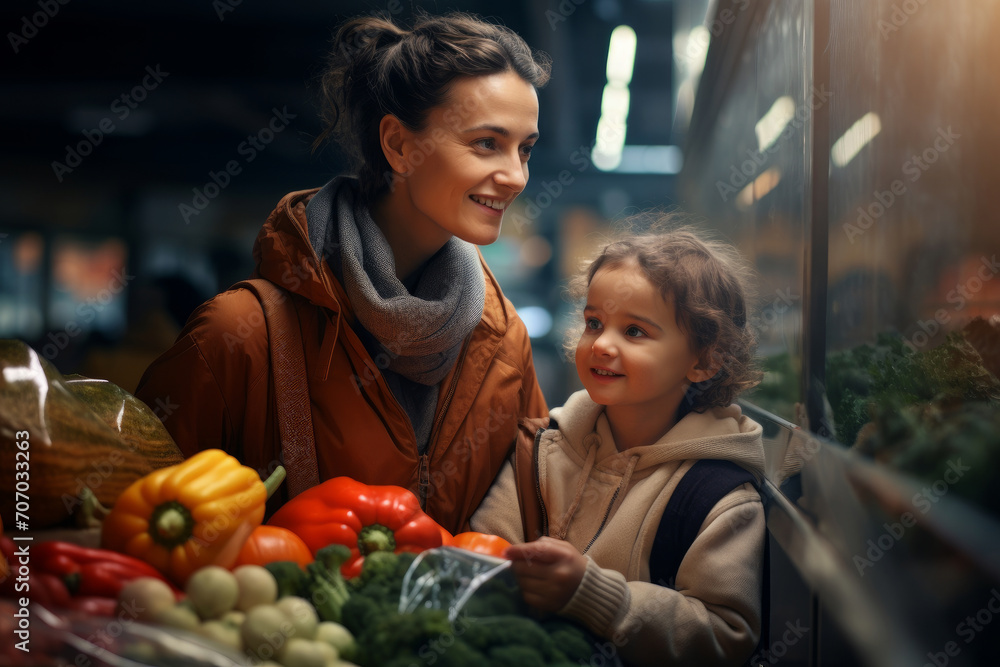 A happy young woman with a little daughter is buying fresh vegetables and fruits in the supermarket.