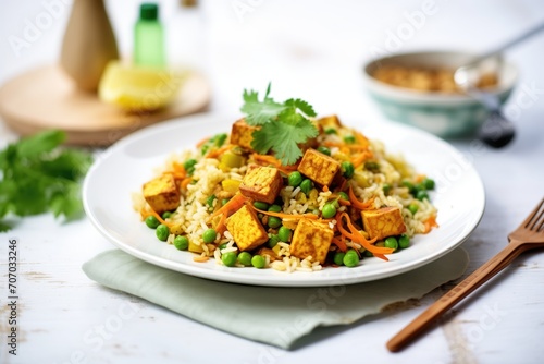 vegetarian nasi goreng with tofu and green peas  health-conscious