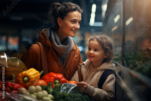 A happy young woman with a little daughter is buying fresh vegetables and fruits in the supermarket.