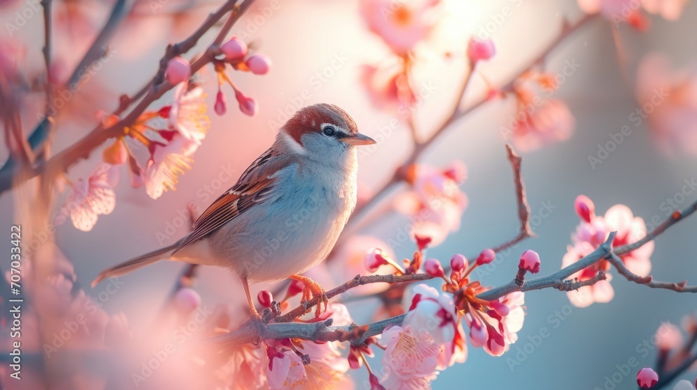 A small sparrow bird on a branch of a flowering tree. The beginning of spring and rebirth. Dawn light, Pastel pink flowers A small sparrow bird on a branch of a flowering tree. The beginning of spring and rebirth. Dawn light, Pastel pink flowers