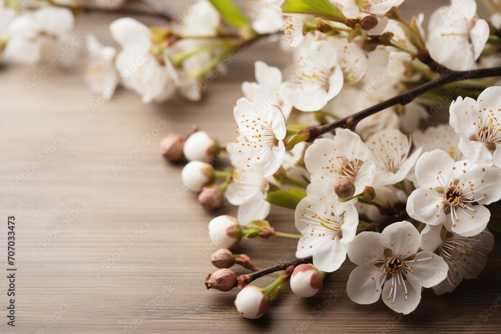 Spring blooming apple branches on wooden background.