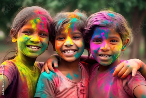 Portrait of a group of happy indian children covered with colored powder. Holi Celebration. Holi Concept. Indian Concept.