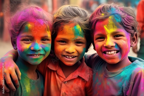 Portrait of a group of happy multicolored children in holi festival. Holi Celebration. Holi Concept. Indian Concept. © John Martin