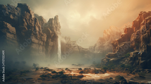 Suspenseful scene with canyon and waterfall featuring