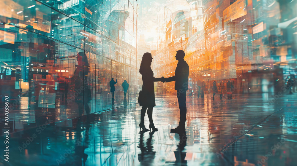 Business Partners Shake Hands in Front of Cityscape. Silhouettes of people. Love in the modern world. Business relations.
