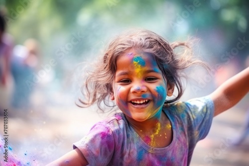Happy little girl playing with holi powder on holi festival in India. Holi Celebration. Holi Concept. Indian Concept.