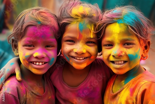 Portrait of a group of happy multicolored children in holi festival. Holi Celebration. Holi Concept. Indian Concept.