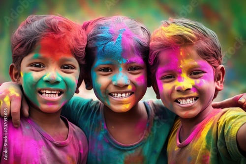 Portrait of a group of happy Indian kids playing Holi festival. Holi Celebration. Holi Concept. Indian Concept.