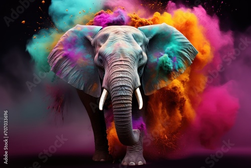Elephant in colorful smoke on black background. Holi Celebration. Holi Concept. Indian Concept. © John Martin