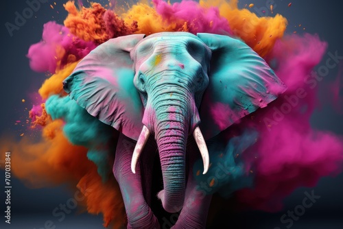 Elephant with colorful smoke on a dark background. Holi Celebration. Holi Concept. Indian Concept.