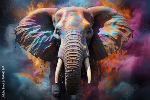 Elephant head in a colorful fire background. Holi Celebration. Holi Concept. Indian Concept.