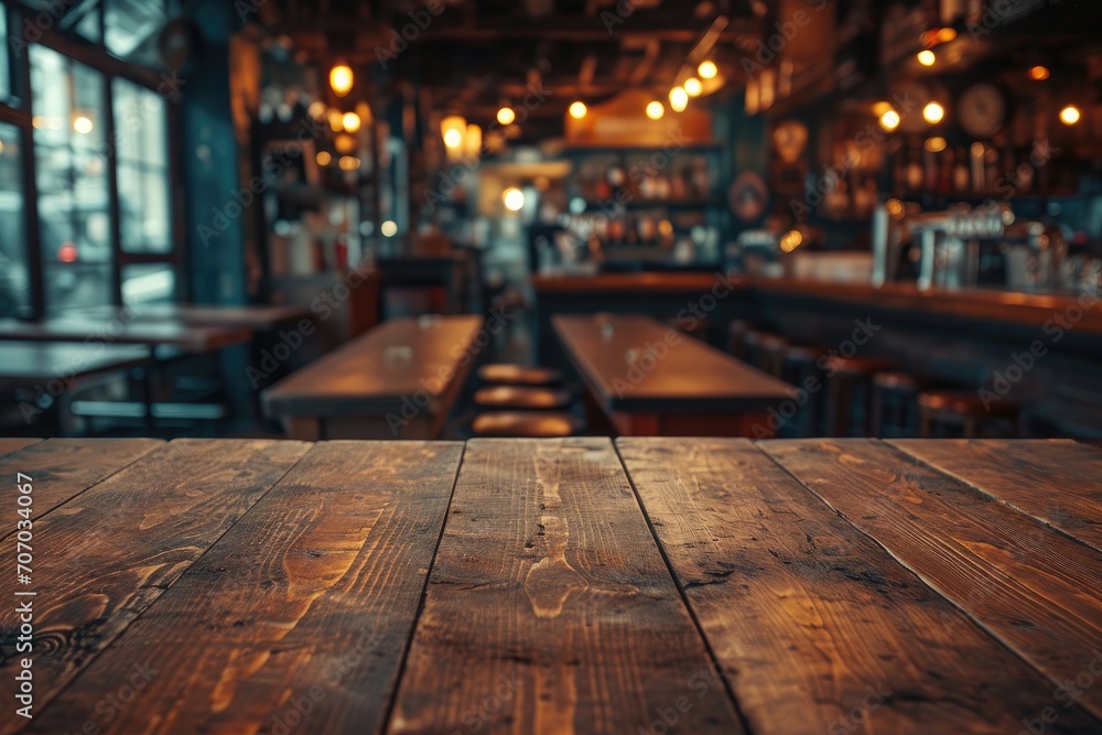 Empty wooden table and blurred background. Generative AI Empty wooden table and blurred background. Generative AI