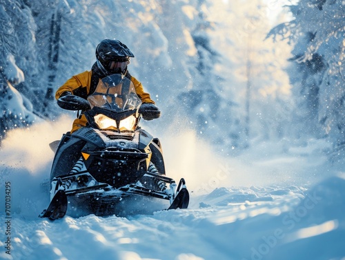 In a snowy area, a man wearing a yellow jacket is driving a sports snowmobile
