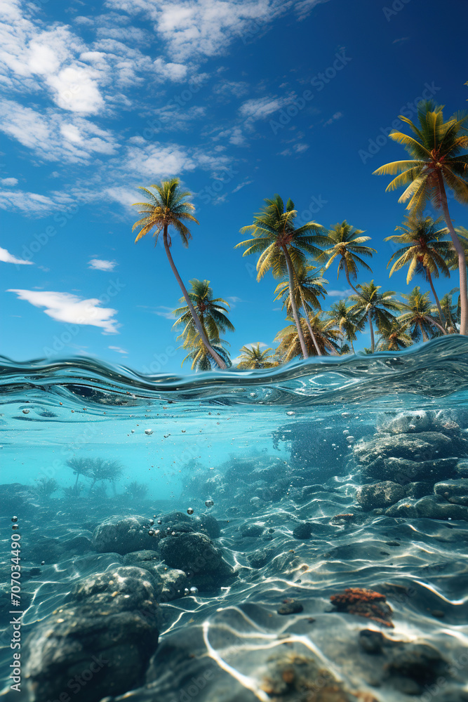An underwater view of a tropical island with palm trees and fishes in the water. Panorama