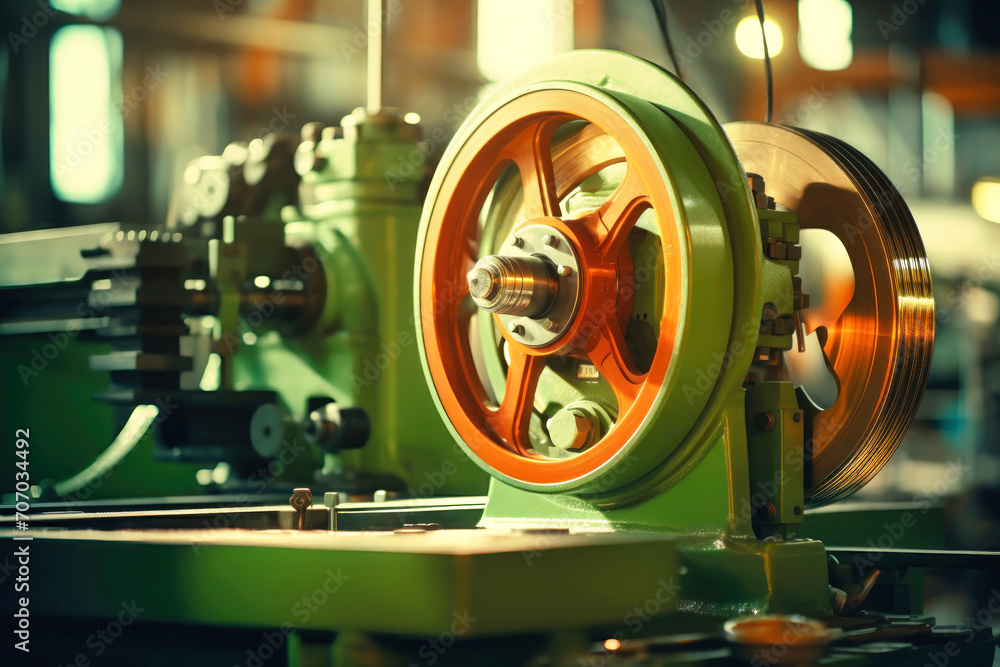 Fototapeta premium Photo of a detailed view of a mechanical device in operation. Modern metal processing at an industrial enterprise. Manufacturing of high-precision parts and mechanisms.