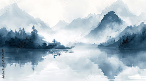 Ink style landscape painting in blue tones, ink style landscape painting concept illustration