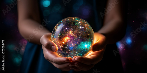 One woman holding a multi colored sphere in a dark studio Glowing blue sphere held by human hand.