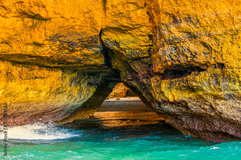 Beautiful limestone Algarve coast with caves and rock formation, south of Portugal