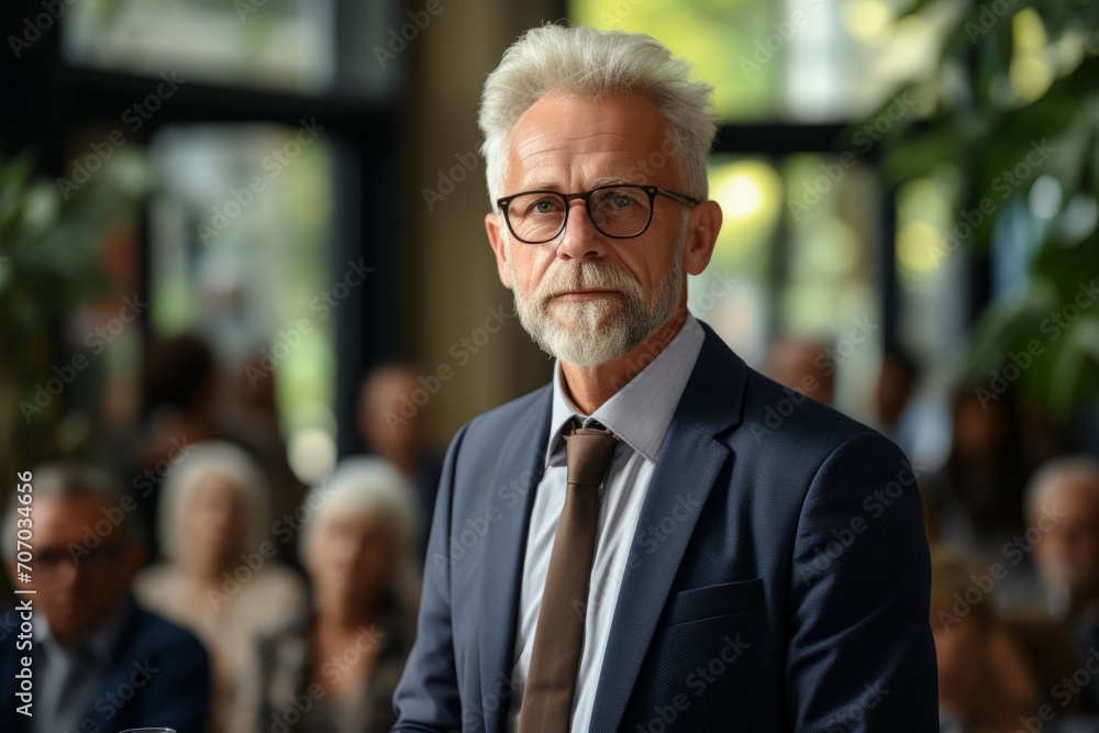 Senior businessman, confidently conducting an employee training session, imparting valuable knowledge to the team, Generative AI Senior businessman, confidently conducting an employee training session, imparting valuable knowledge to the team, Generative AI